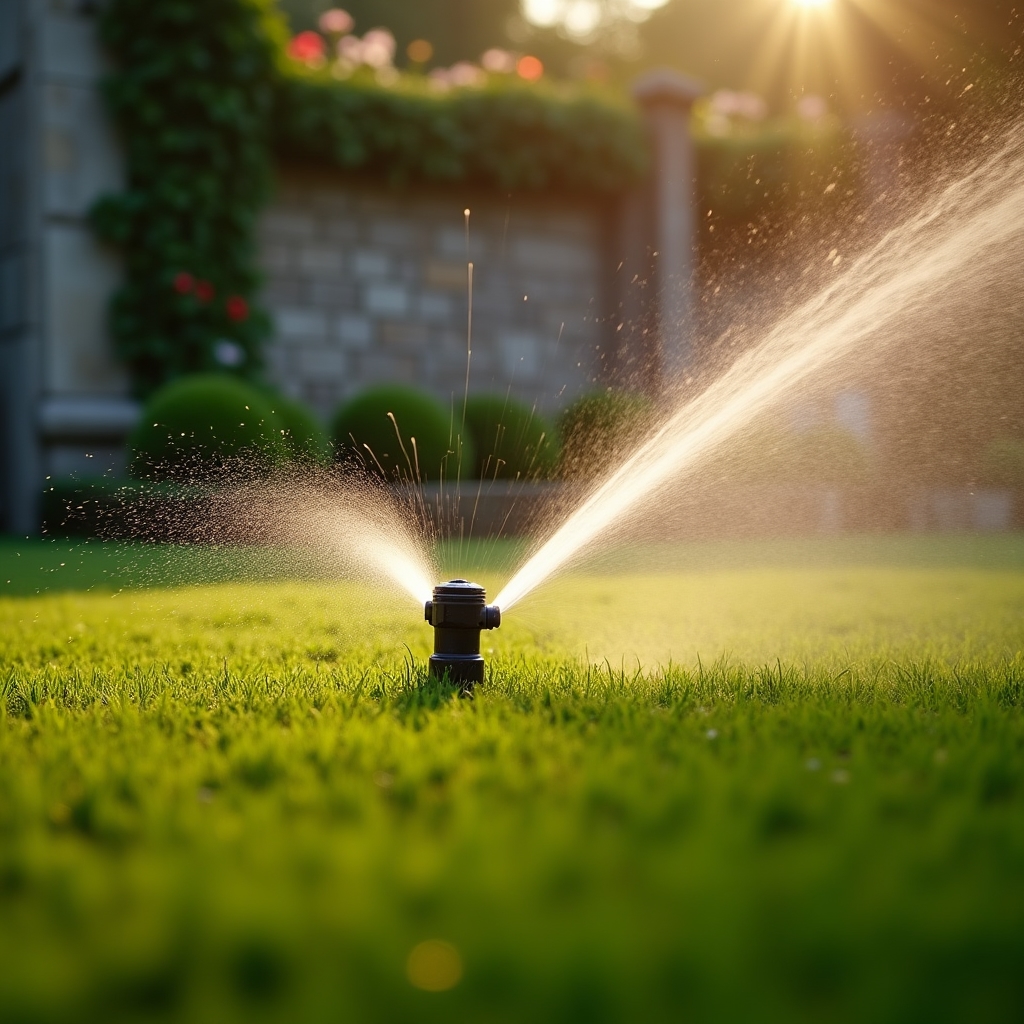 Irrigatore a scomparsa attivo su prato verde curato