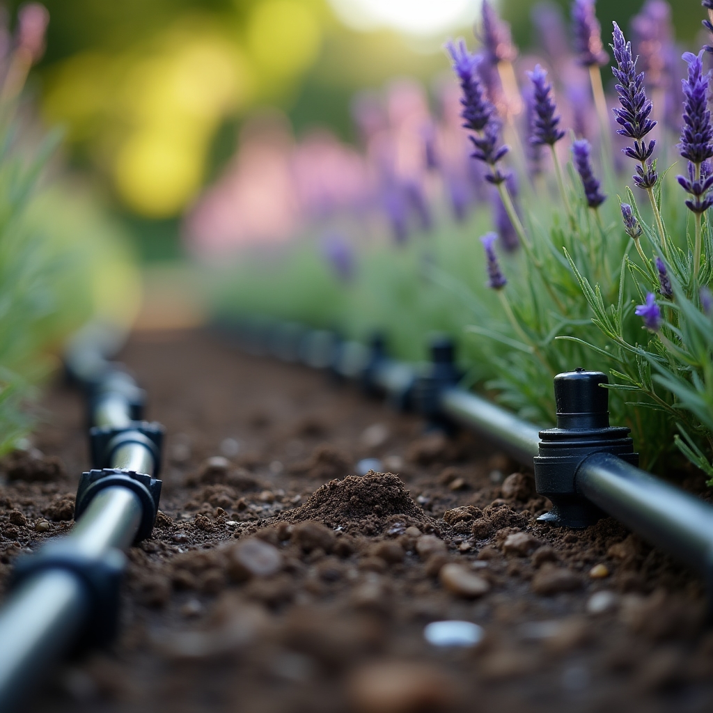Irrigazione a goccia in giardino privato con aiuole fiorite